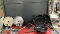 BOX OF COOKWARE - NONSTICK FRY PANS, STAINLESS POTS, ANGEL FOOD PANS, BUNDT PAN