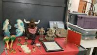BOX W/ - PLASTERWARE PARROTS , MARACA'S, BULL STUFFIE, TRINKETS