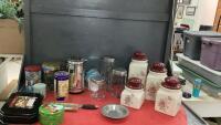 GOOD LIDDED TOTE W/ KITCHEN ITEMS - CANISTERS, CARAFE, TINS, KITCENAID KNIFE