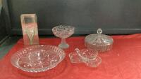 BOX W/ ASSORTED VASES, PLATTER, COVERED CANDY DISH