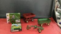 JOHN DEERE IMPLEMENTS, RED WAGON, NEW JD GRAIN SET AND JD FARM MANAGEMENT GAME