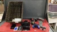 WICKER BASKET W/ CALCULATORS, JACK KNIFE, KODAK OLD CAMERA', NAMCO & INTELLIVION GAME CONTROLLERS