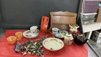 BOX W/ VINTAGE ORANGE TOUCHTONE PHONE, COLLECTOR SPOONS AND RACK, LUSTREWARE SUGAR BOWL & CUP,