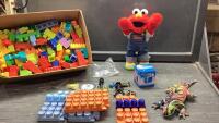 BOX OF DUPLO , ELMO, STUFFY, PLASTIC ACTION FIGURES