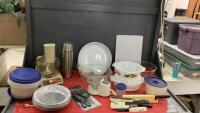 BOX W/ GE FOOD PROCESSOR, THERMOS, PASTA BOWL,WILTSHIRE KNIVES, NEW KITCHEN SHEARS, VINTAGE FIREKING CASSEROLE