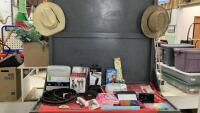 BOX W/ NEW QUEEN SHEET SET, NEW ORAL B ELECTRIC TOOTHBRUSH, CURTAINS, LEATHER BELTS, VINTAGE BUCKLE