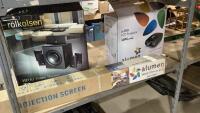 SHELF #2 - ALUMEN LCD PROJECTOR, ROLKOLSEN HOME THEATRE SYSTEM + ALUMEN PROJECTION SCREEN