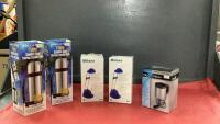 BOX W/ NEW ITEMS - (2) STAINLESS THERMOS'S, (2) MILANO TASK LAMP, AND 12 VOLT TRAVEL MUG
