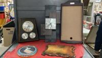 WOOD CALENDAR HOLDER, BATTERY CLOCK, PICTURE ON WOOD, CLOCK/BAROMETER