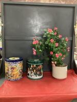 ARTIFICIAL PLANT W/ PINK FLOWERS & (2) CHRISTMAS TINS
