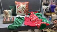 (2) BOXES STOCKINGS, ORNAMENTS, PILLOWS, BEAR, LARGER ORNAMENTS