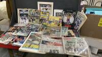 GOOD TOTE W/ SCRAPBOOKS OF FOOTBALL & HOCKEY NEWSPAPER CLIPPINGS, GLOBE & MAIL NEWSPAPERS, + WWE ACTION FIGURE
