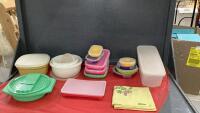 BOX OF PLASTICWARE AND (9) SILICON EXPANDABLE STORAGE CONTAINERS