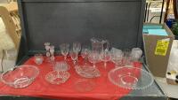 CLEAR GLASSWARE - WATER PITCHER, BOWLS, WINE GLASSES, DIVIDED PICKLE DISHES ETC