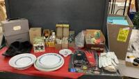 BOX W/ - WORK/GARDENING GLOVES (NEW), MISC CORELLE DISHES, METAL FILE HOLDER, WILLOW TREE ANGEL,
