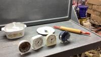 FLAT W/VINTAGE ALARM CLOCKS , ROLLING PIN, CASSEROLE DISH