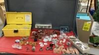 BOX AND PLASTIC TOOLBOX FILLED W/ A VARIETY OF NAPKIN HOLDERS