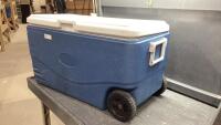 LARGE COLEMAN COOLER W/ 2 WHEELS + HANDLE