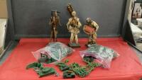 (3) PAPER MACHE MEXICAN CHARACTERS & (2) BAGS OF PLASTIC ARMY TOYS