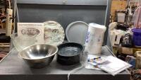 ROASTER, BOWLS, EMBROIDERY PATTERNS + THREAD, SMALL PAPER PLATES