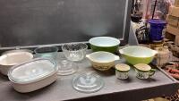 BOX W/VINTAGE CASSEROLE BOWLS, CREAM + SUGAR