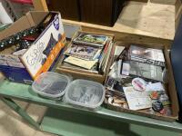 Tub of miscellaneous cards, pins, postcards, and collectables box of electronics