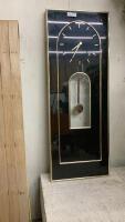 BLACK/BRASS & GLASS LONG WALL CLOCK W/ PENDULUM