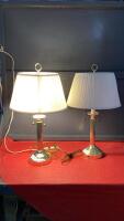 PAIR OF TABLE LAMPS - BRASS COLOR BASES W/ WHITE SHADES