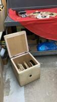 RECORD STORAGE OTTOMAN W/ 45'S, VEHICLE 8-TRACK PLAYER AND A FEW 78'S