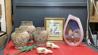 GOOD LIDDED TOTE W/ TERRA COTTA VASES, SMALL ANIMAL SKULLS, LAMP, CAMEL PICTURE