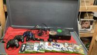 XBOX CONSOLE, (4) CONTROLLERS, AND GAMES