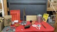 MISC ANTIQUE & COLLECTIBLE ITEMS - WINE BOTTLE CORKER, COOKIE PRESS, (2) HAND MIRRORS (PINK), SCADIAVIAN KRUMKAKE IRON