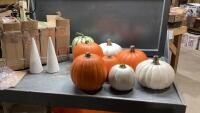 BOX W/PLASTIC PUMPKINS + STONEWARE TREES