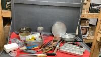 BOX OF KITCHEN ITEMS - UTENSILS, KNIVES, SHARPENING STONES, CASSEROLES