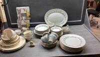 (2)BOXES - BLUE FLOWER DISH SET + PARTIAL GOLD RIM DISH SET + MISC PIECES