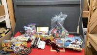 BOX OF SEWING NOTIONS, FABRIC STEAMER, DRAPERY HOOKS, CROCHET SUPPLIES, YARN, ETC