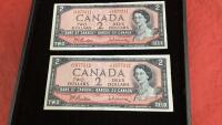 (2) CANADA 1954 $2 BILLS WITH SEQUENTIAL SERIAL NUMBERS
