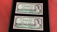 (2) 1954 CANADA $1 BILLS W/ SEQUENTIAL SERIAL NUMBERS