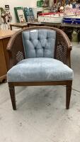 VINTAGE BLUE CUSHIONED OCCASIONAL CHAIR W/ RATTAN SIDES