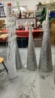 (3) SILVER CHRISTMAS CONES AND WHITE REEDS IN A SEMI CIRCLE