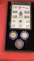(3) 1967 CENTENNIAL TOKENS AND A STAMP COLLECTORS BOX