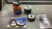 BOX OF GRINDING DISCS, GORILLA NUT WIRE CONNECTORS AND FLUID CYCLE PUMP