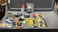 BOX OF CUT-OFF WHEELS, AIR INFLATER GAUGE, ALLEN KEYS, BLOW GUN, MAGNETIC PICK UP, CHALK REEL, SMALL LEVEL, SOLDERING WIRE CONNECTORS AND MISC
