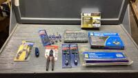 BOX OF SMALL SOCKET & BIT SET, CHAIN SPRING CHIP PILERS, SQUEEGEE, FILE HANDLE, SOLDERING ACCESSORY, UTILITY PUMP AND SLIP JOINT PILERS