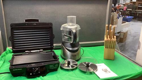 B&D FOOD PROCESSOR, HAMILTON BEACH GRIDDLE & A KNIFE BLOCK W/ WILTSHIRE KNIVES