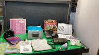 BOX W/ CD CLOCK RADIO (LOOKS NEW), PUZZLE BOOKS, NOTEBOOKS, BINOCULARS