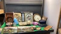 BOX W/ OLD THOMAS KINKADE CALENDARS, CANDLE HOLDERS, TOLLE ART FLORAL PICTURE, LASER CUT ELEPHANT PICTURE ETC