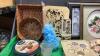 BOX W/ OLD THOMAS KINKADE CALENDARS, CANDLE HOLDERS, TOLLE ART FLORAL PICTURE, LASER CUT ELEPHANT PICTURE ETC - 2