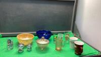 TOTE W/ GLASSWARE, VINTAGE BOWLS, PINK COVERED DISH
