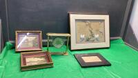 GOOD LIDDED TOTE W/ PICTURES, FRAMES & BRASS CLOCK